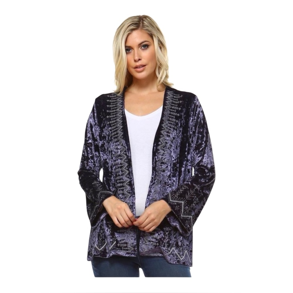 Joh Crushed Velvet Embroidered Open Front Boho Cardigan Jacket